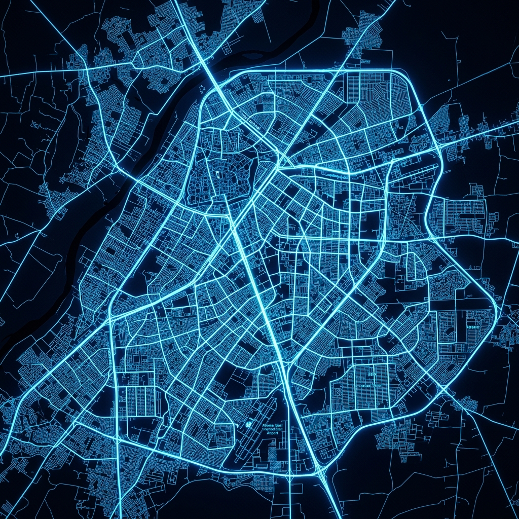 A stylized high-contrast satellite view of Lahore at night.